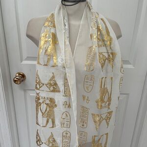 White and Gold Egyptian Print Scarf